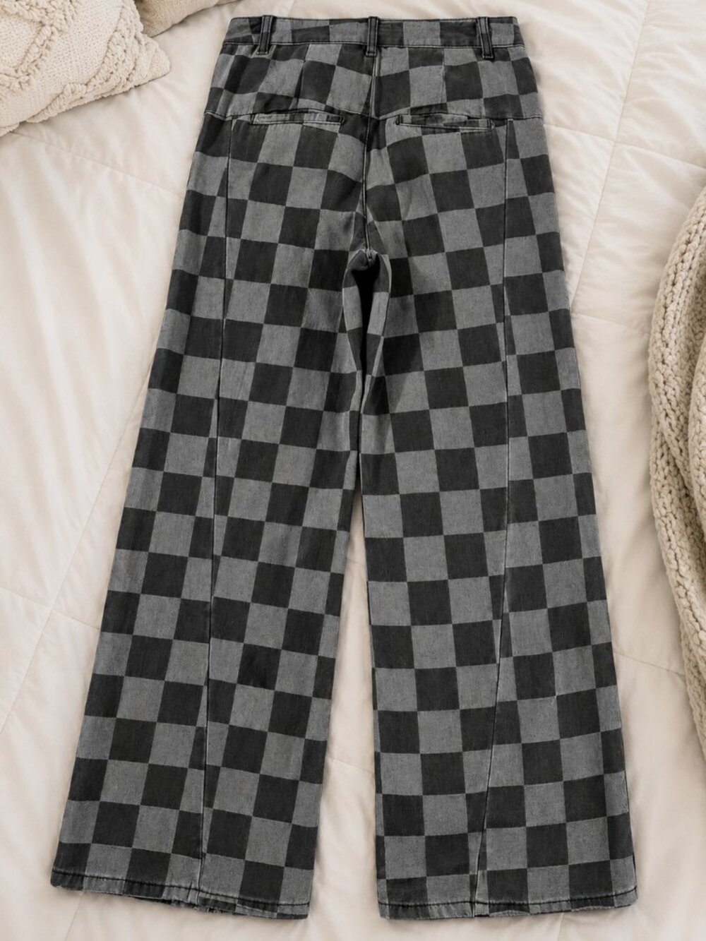Check Wide Leg Denim Pants 12 Black Gray Grunge Revival Indie Rock Trendy Jeans - Picture 3 of 3